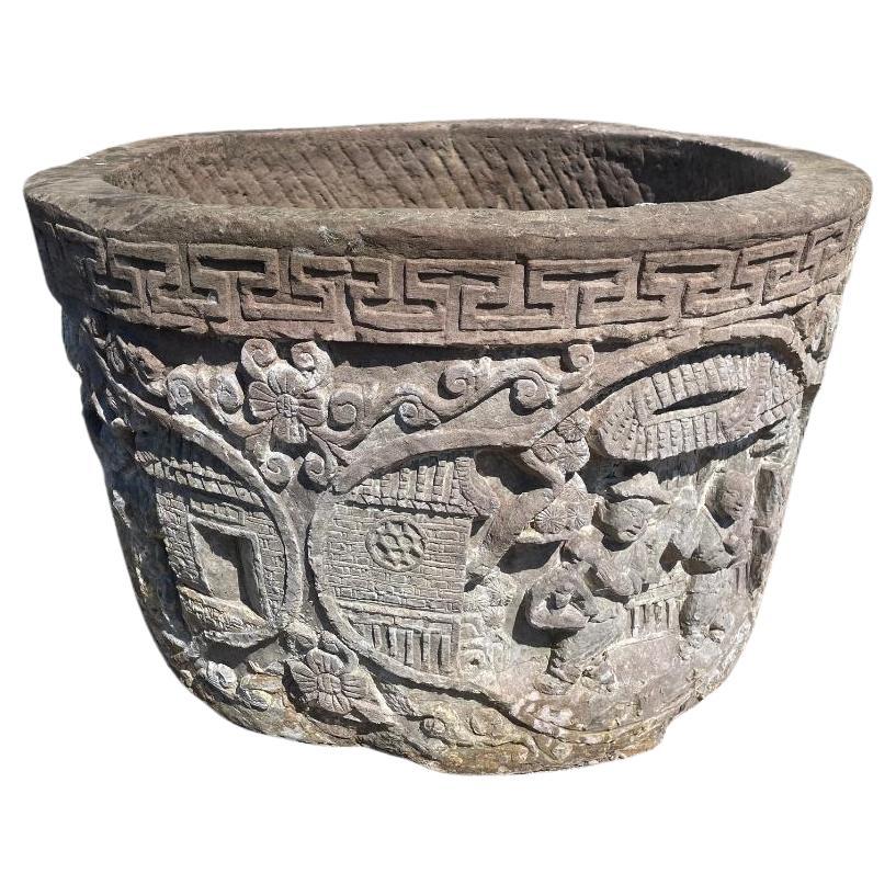 China Large Antique Hand-Carved Stone Village Scenes Garden Planter 19th Century In Good Condition In South Burlington, VT