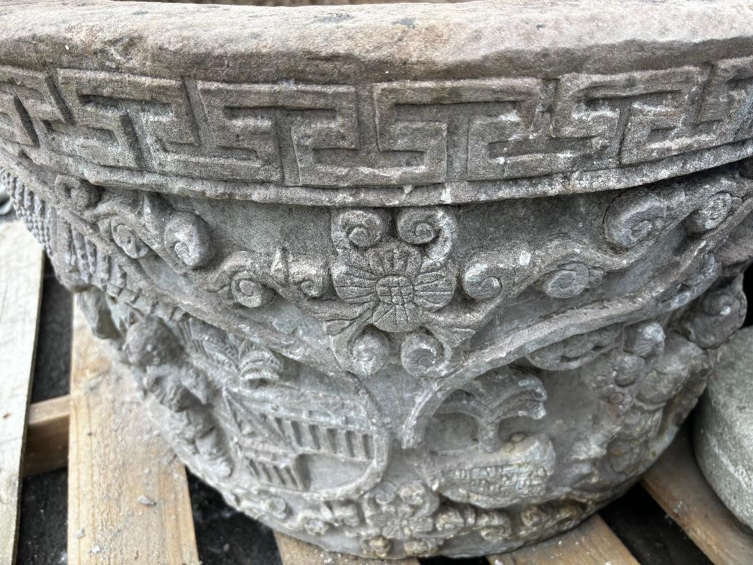 Sandstone China Large Antique Hand-Carved Stone Village Scenes Garden Planter 19th Century