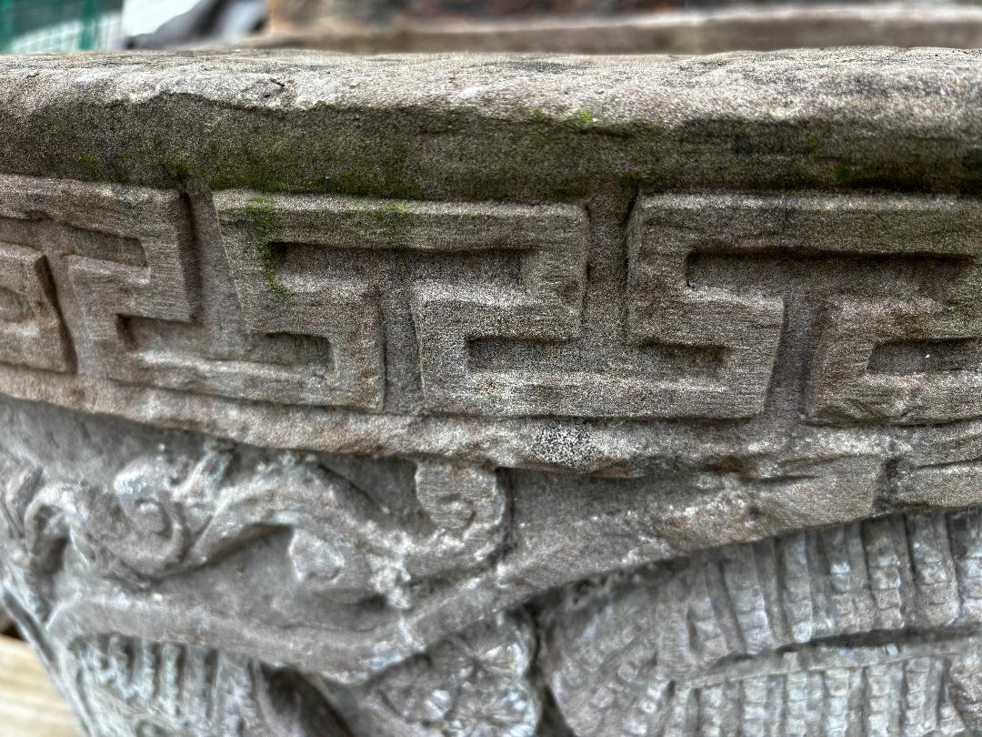 China Large Antique Hand-Carved Stone Village Scenes Garden Planter 19th Century 1