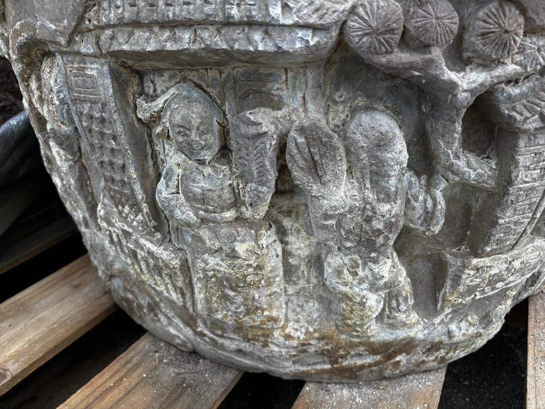 China Large Antique Hand-Carved Stone Village Scenes Garden Planter 19th Century 3