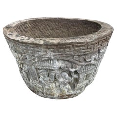 China Large Antique Hand-Carved Stone Village Scenes Garden Planter 19th Century