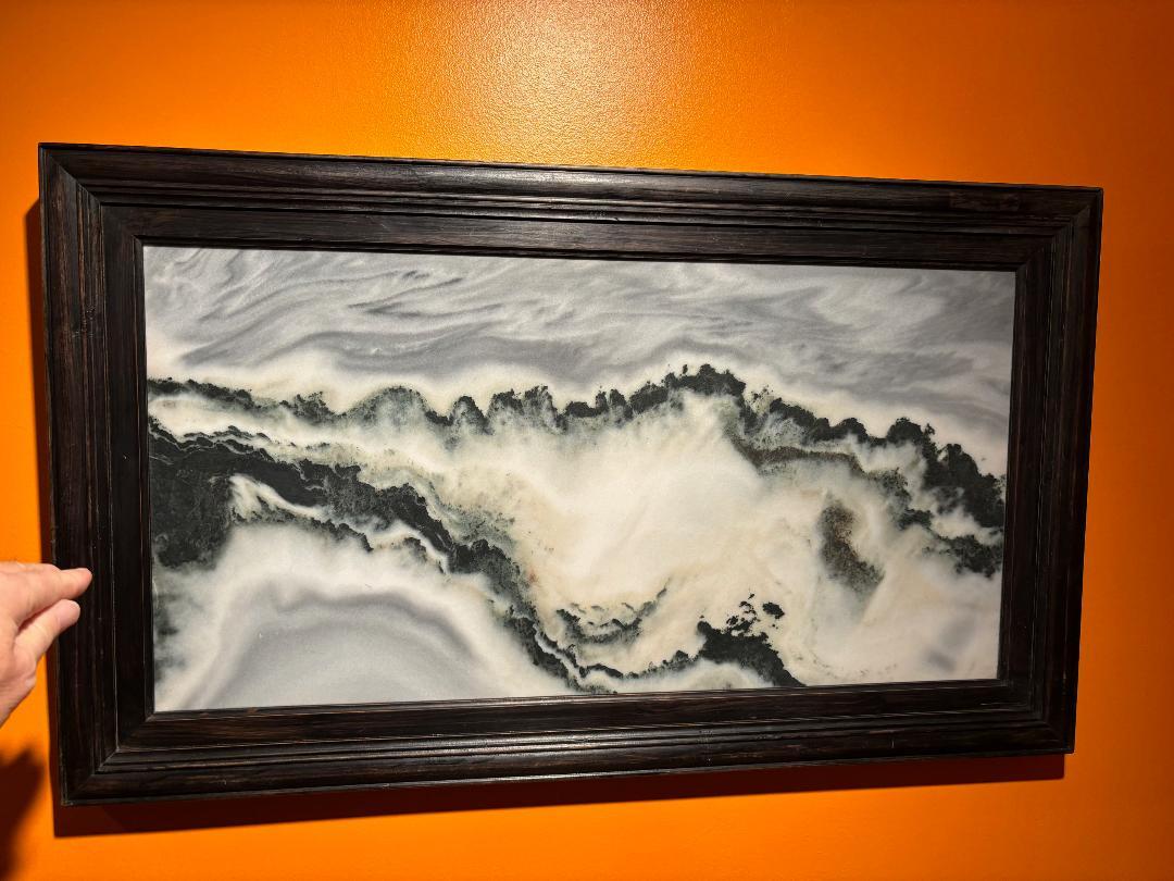 Magnificent Mountain Peaks  - Chinese extraordinary natural marble stone painting of a mythical sky and mountains landscape called a dream stone Shih-hua. 
It is a large monumental masterwork of nature. Totally natural.

Dimensions: 
Hardwood frame: