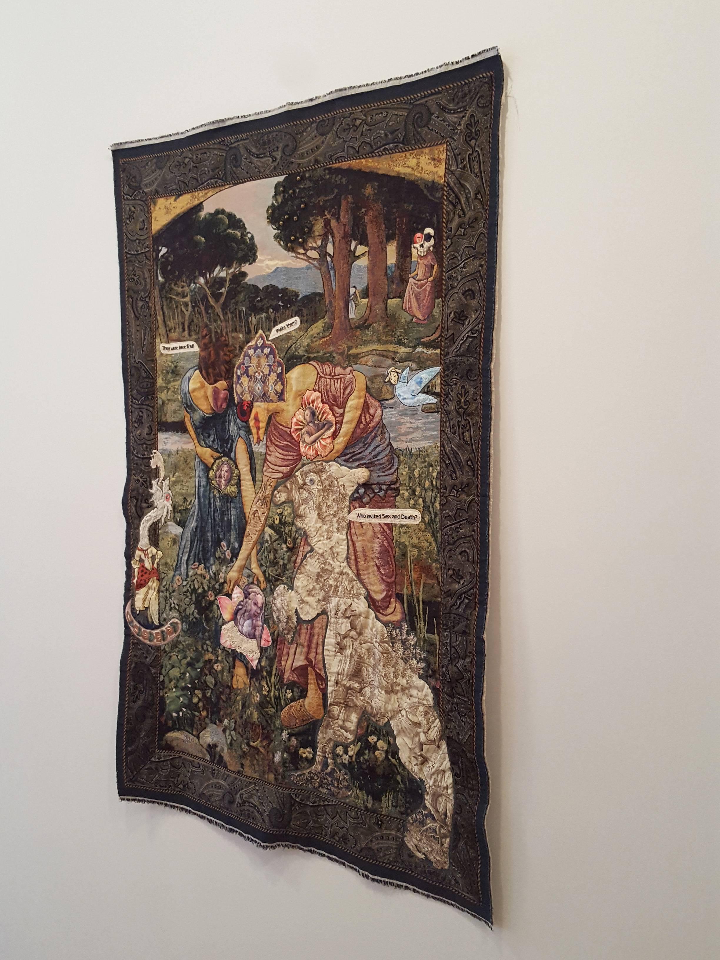 China Marks
Ripe for the Picking, 2017
Fabric, lace, thread, epoxy glue, glass beads, 
fusible adhesive on a contemporary tapestry 
copy of Gather Ye Rosebuds While Ye May, 
by John William Waterhouse
55 x 36 inches
