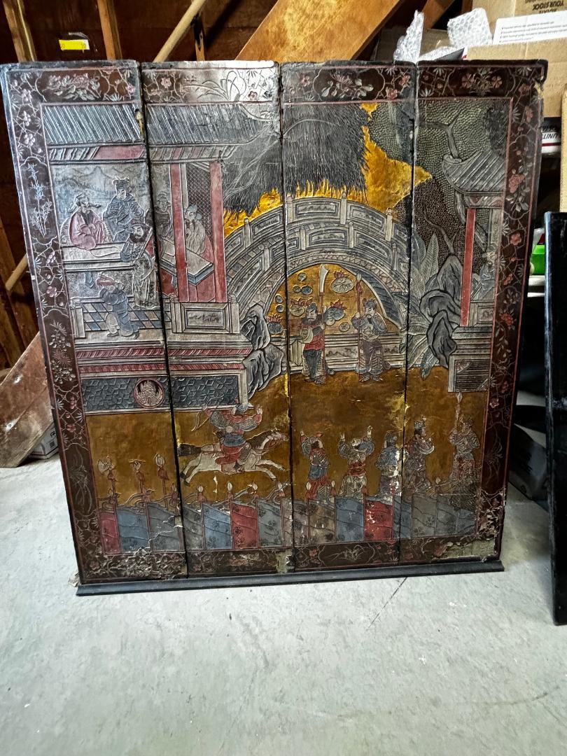  China Old Colorful Gilded Coromandel Pavillion And Warriors Screen   For Sale 6