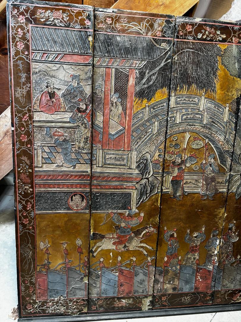 Chinese  China Old Colorful Gilded Coromandel Pavillion And Warriors Screen   For Sale