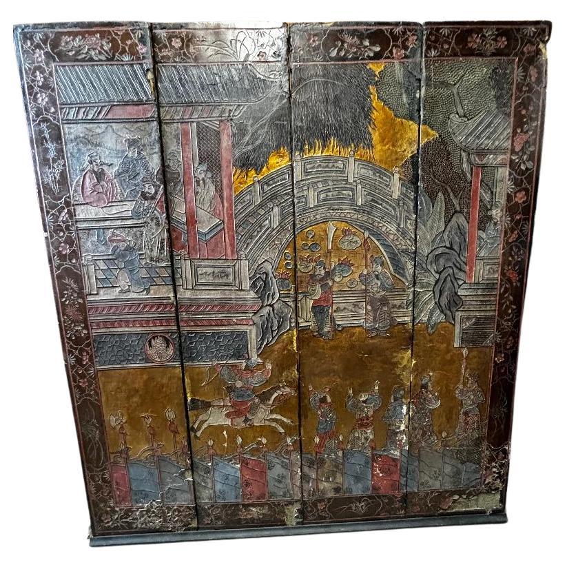  China Old Colorful Gilded Coromandel Pavillion And Warriors Screen   For Sale