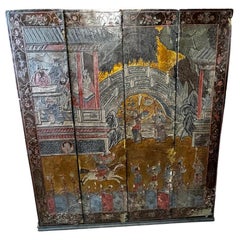  Old Colorful vergoldeter Coromandel Pavillion und Warriors Raumteiler aus China  