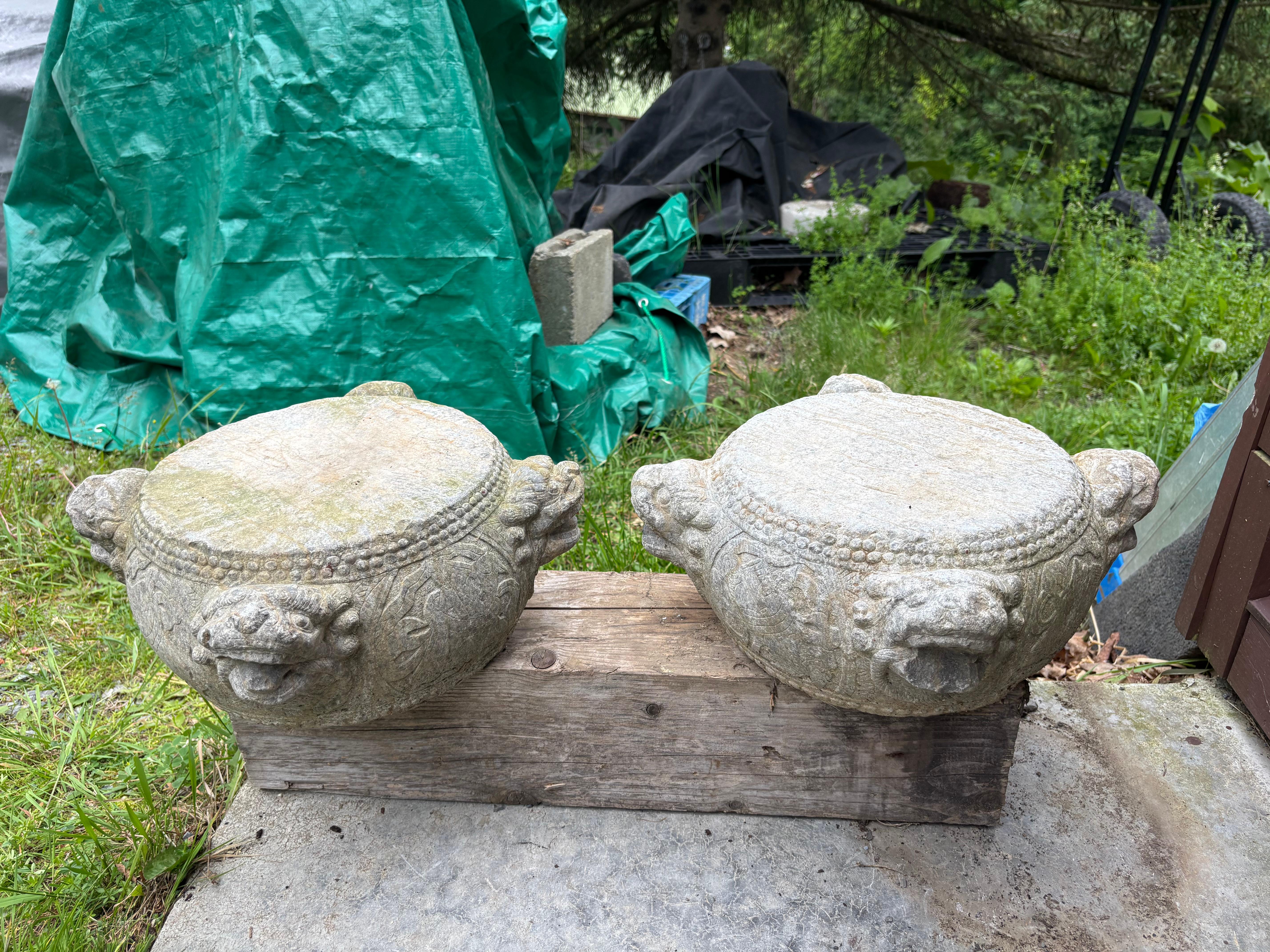 Qing China Pair Antique Hand Carved Stone Foo Dog Display Pedestals 19th Century For Sale