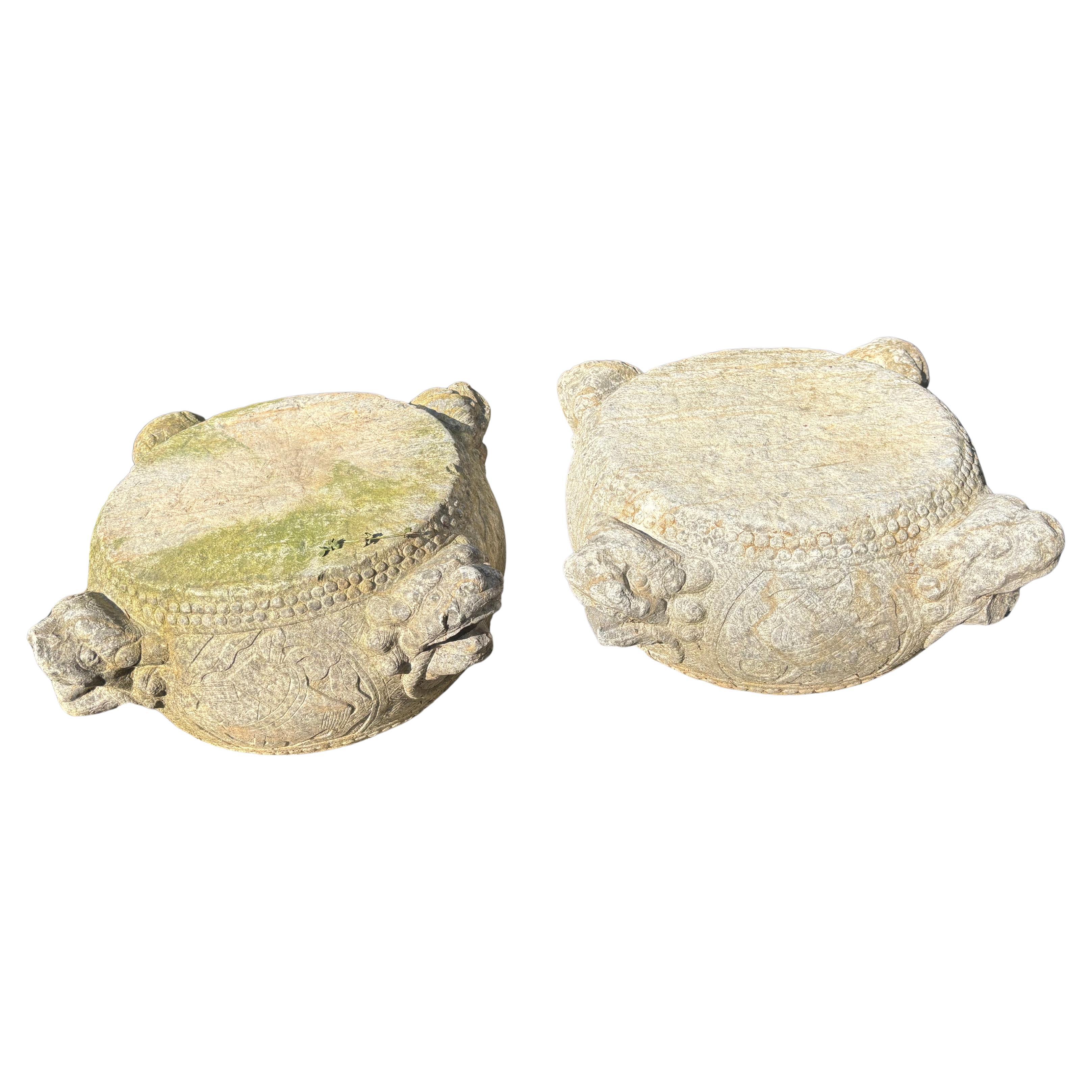 China Pair Antique Hand Carved Stone Foo Dog Display Pedestals 19th Century For Sale