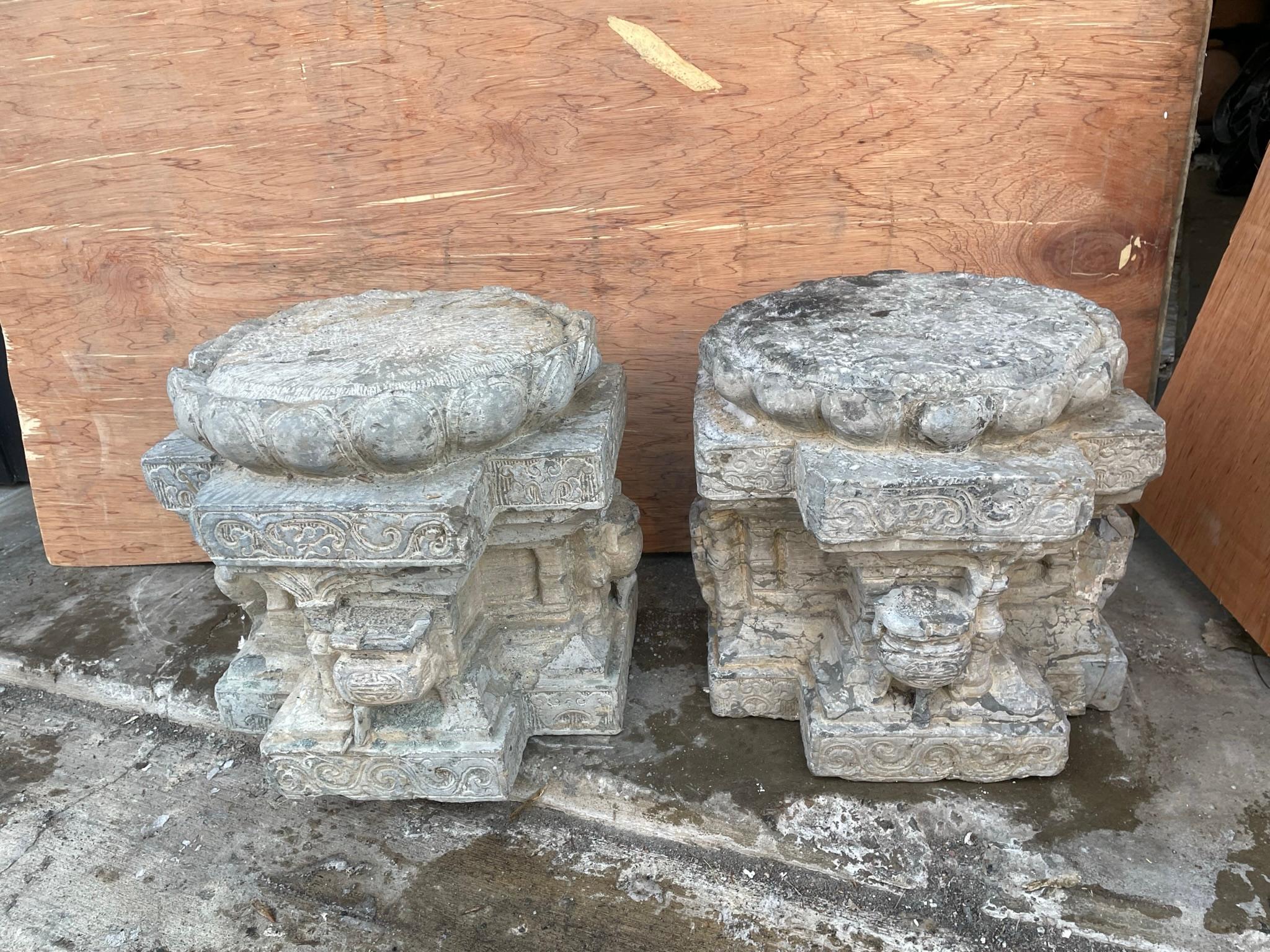 Qing China Pair Antique Hand Carved Stone Pedestals 19th Century  For Sale