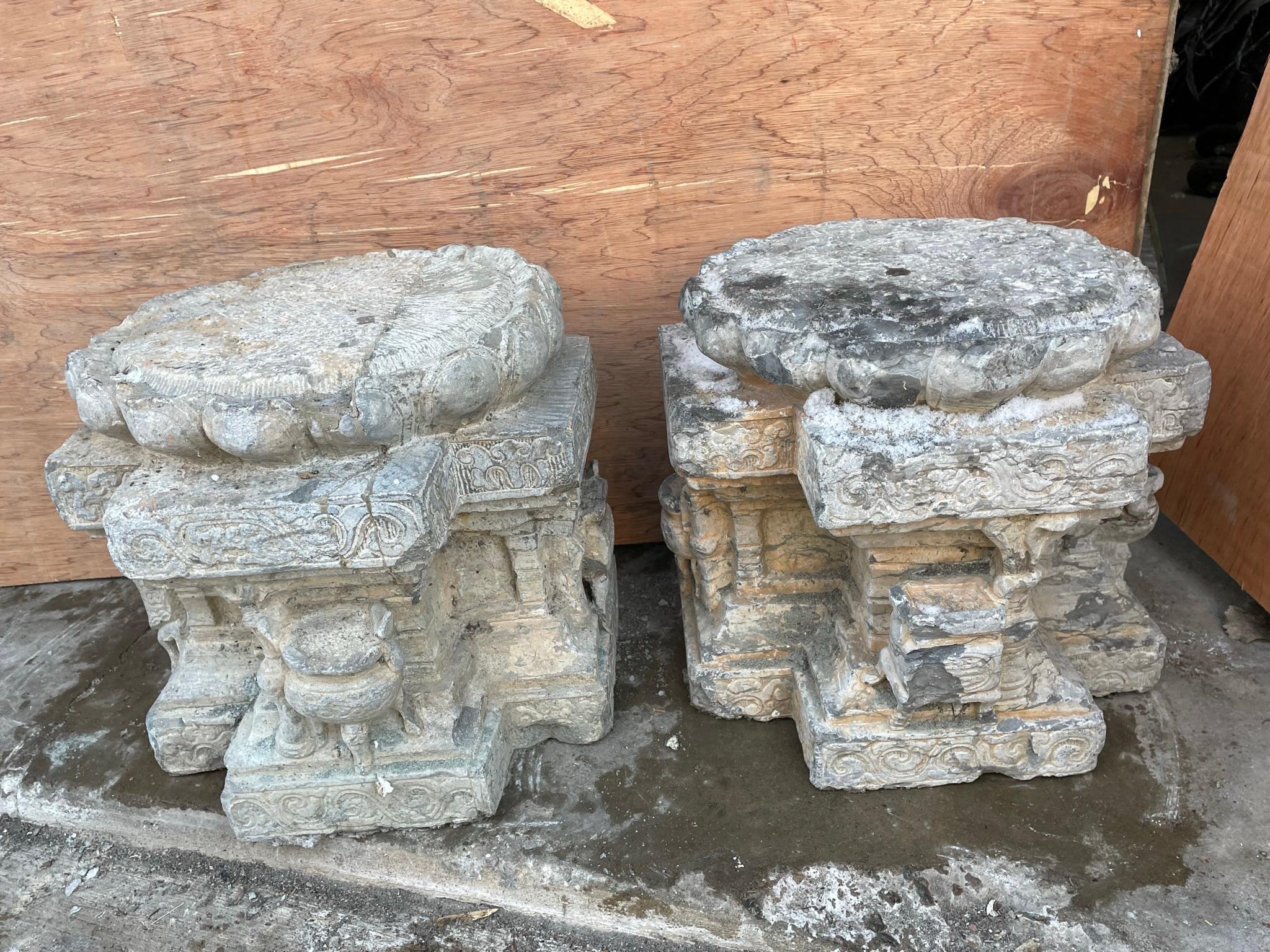Hand-Carved China Pair Antique Hand Carved Stone Pedestals 19th Century  For Sale