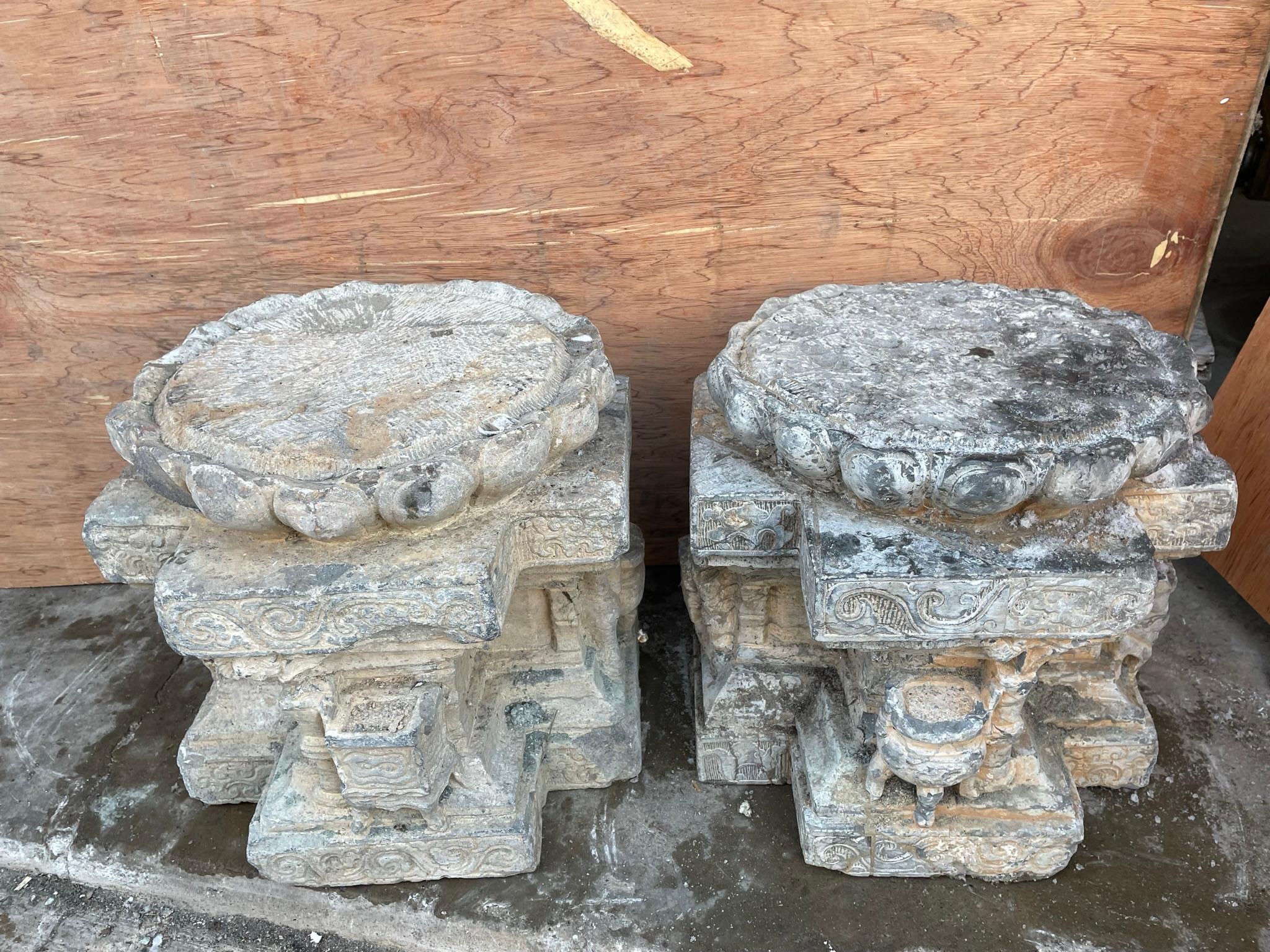 China Pair Antique Hand Carved Stone Pedestals 19th Century  For Sale 1