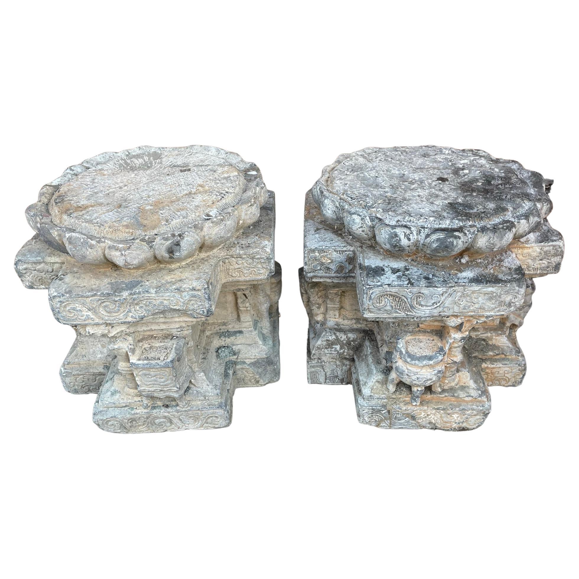 China Pair Antique Hand Carved Stone Pedestals 19th Century  For Sale