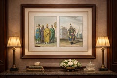 China Qing Court Officials & Armored Guard, Antique Hand-Colored Print Pair 1815