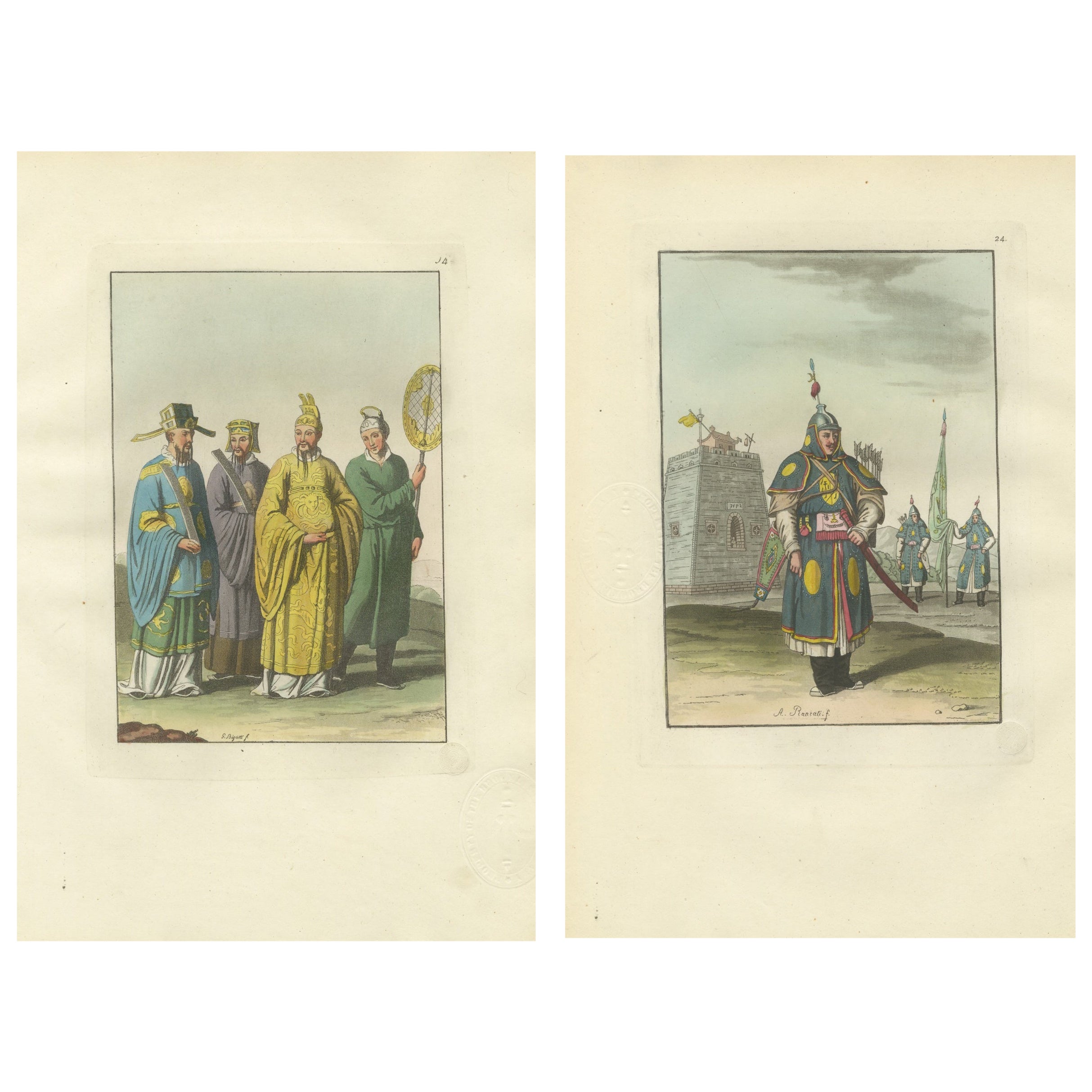 China Qing Court Officials & Armored Guard, Antique Hand-Colored Print Pair 1815