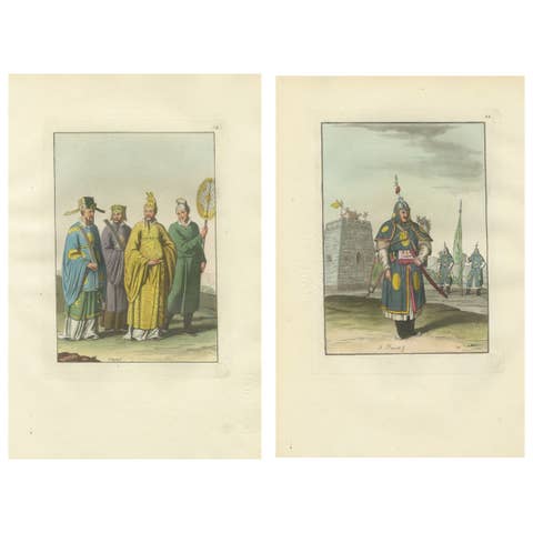 China Qing Court Officials & Armored Guard, Antique Hand-Colored Print Pair 1815