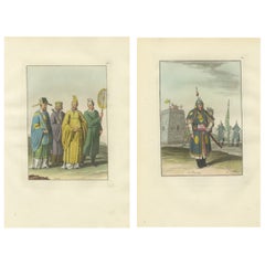 China Qing Court Officials & Armored Guard, Antique Hand-Colored Print Pair 1815