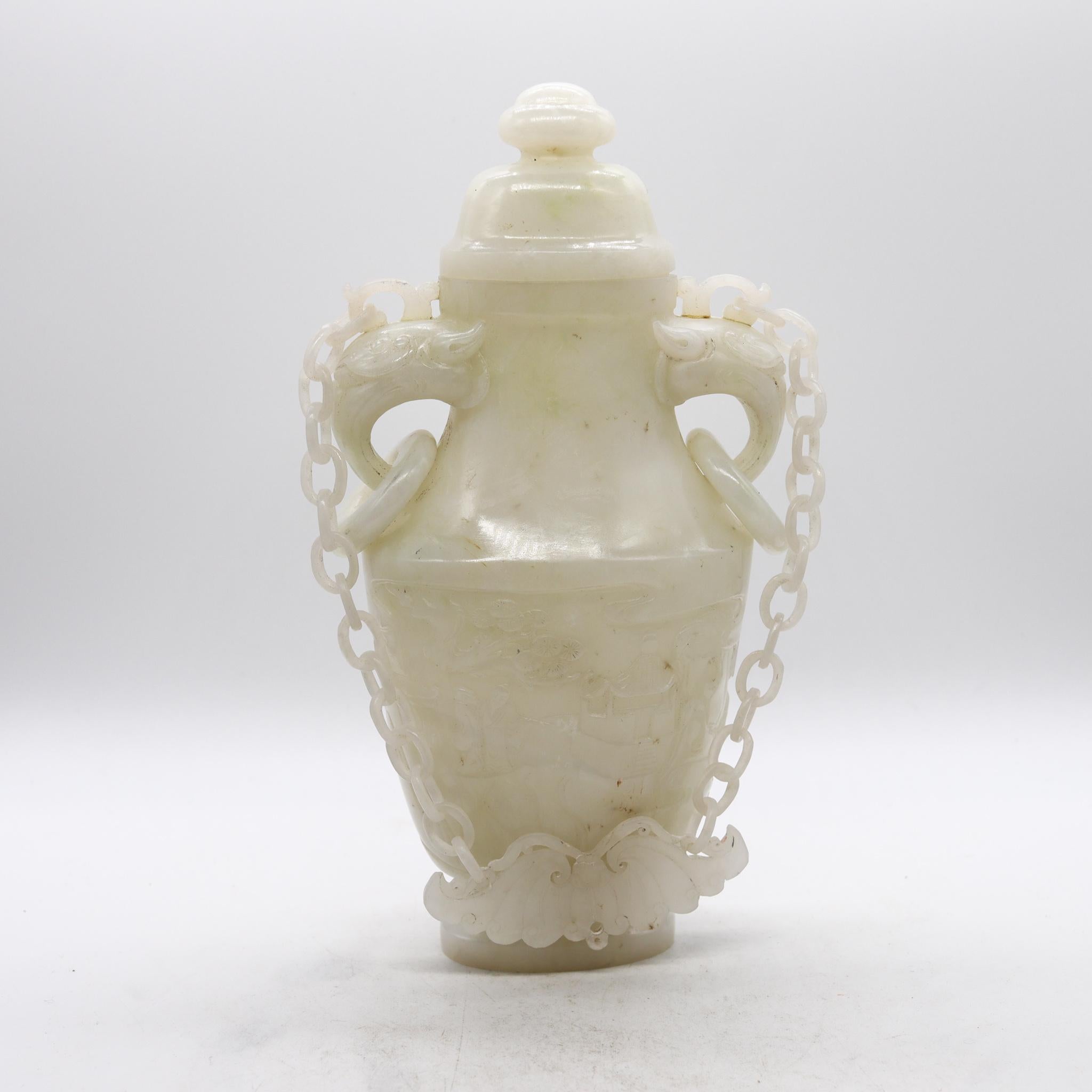 China Qing Dynasty 1890 Amphora Jar with Chains in White Jadeite Jade with Wood 4