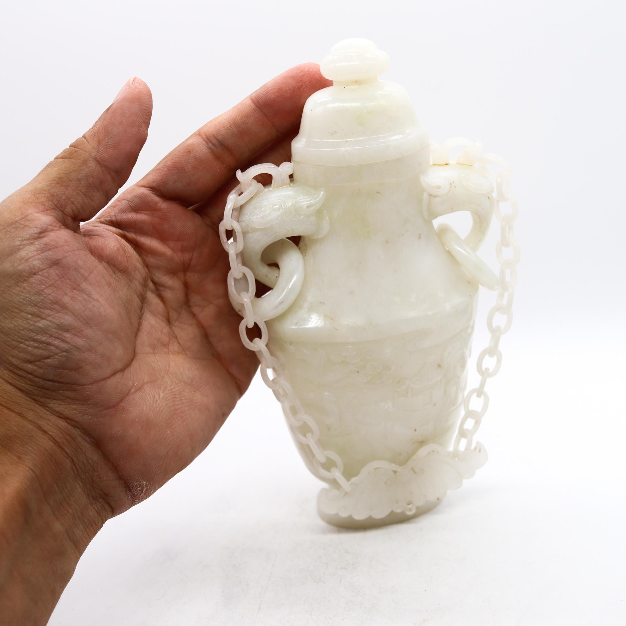 Chinese China Qing Dynasty 1890 Amphora Jar with Chains in White Jadeite Jade with Wood