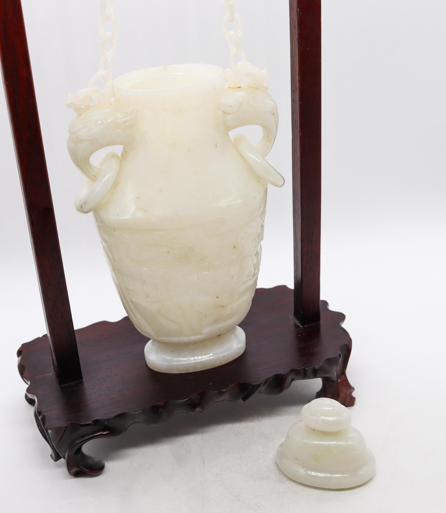 Hand-Carved China Qing Dynasty 1890 Amphora Jar with Chains in White Jadeite Jade with Wood