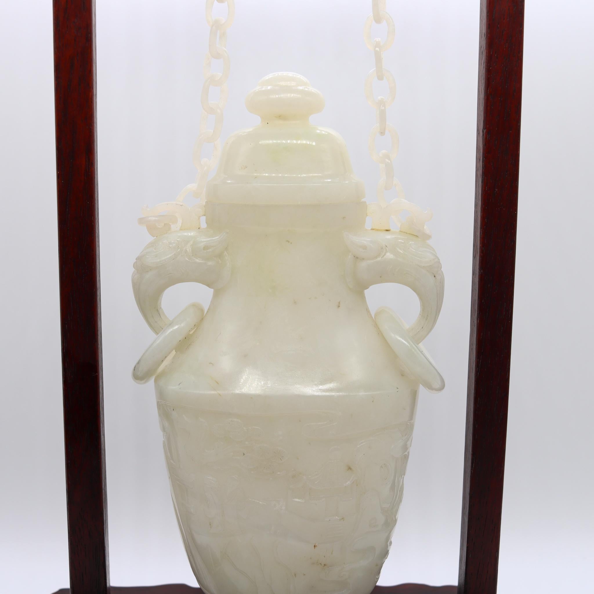 China Qing Dynasty 1890 Amphora Jar with Chains in White Jadeite Jade with Wood 3