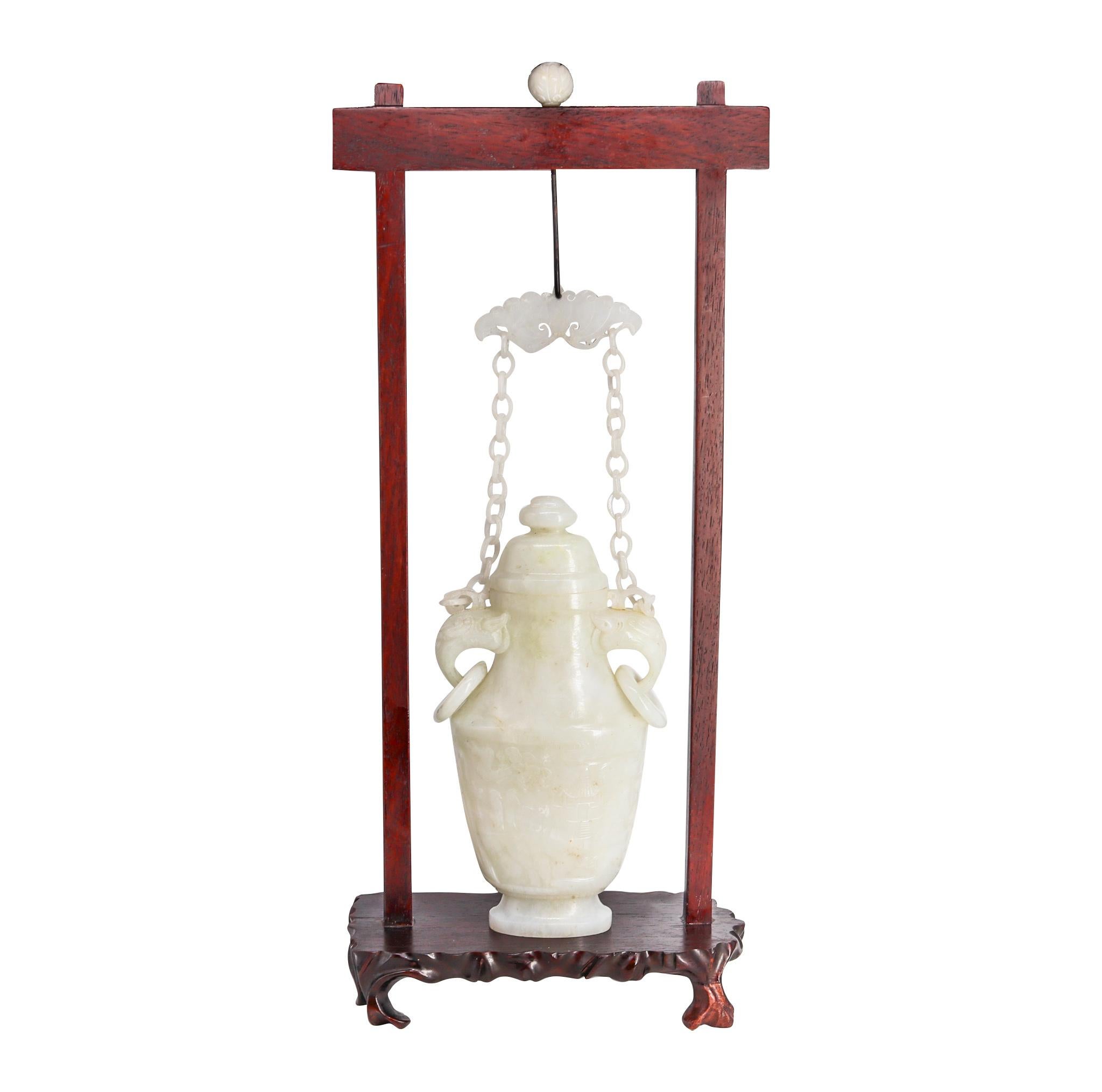 China Qing Dynasty 1890 Amphora Jar with Chains in White Jadeite Jade with Wood