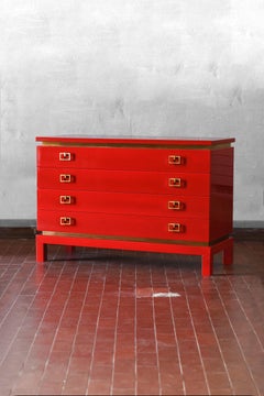 China Red Chest Of Drawers With Brass Details From The 1970s – Lacquered Series