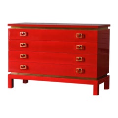 China Red Chest Of Drawers With Brass Details From The 1970s – Lacquered Series