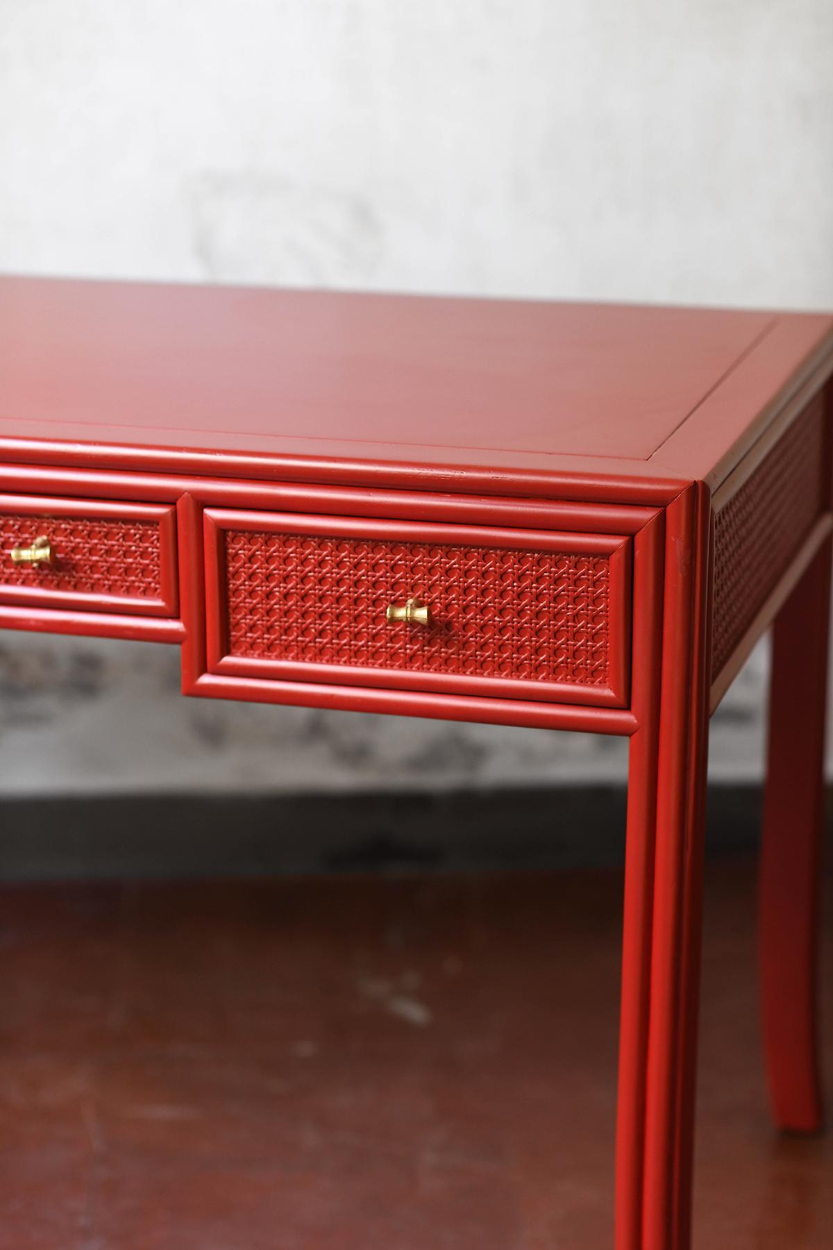 Brass China red lacquered desk, Elinor and John McGuire for Lyda Levi