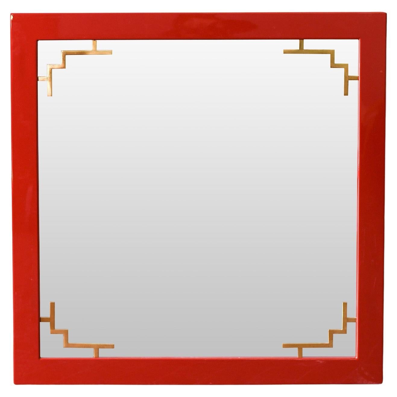 China Red Mirror With Brass Details From The 1970s – Lacquered Series For Sale
