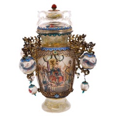 China Republic 1912-1960 Inside Paint Carved Rock Crystal Vase Silver & Enamel