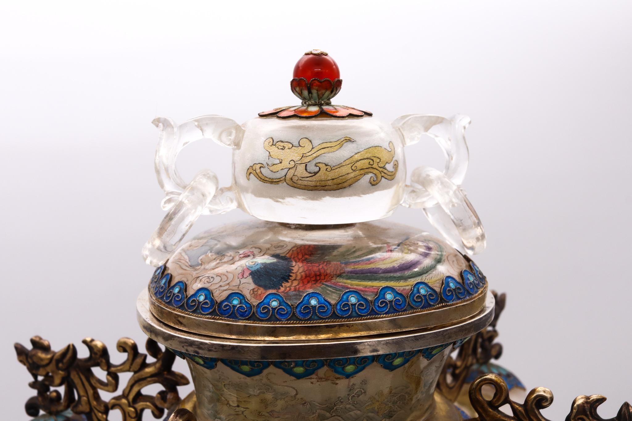 China Republic 1912-1960 Inside Paint Carved Rock Crystal Vase Silver & Enamel For Sale 4