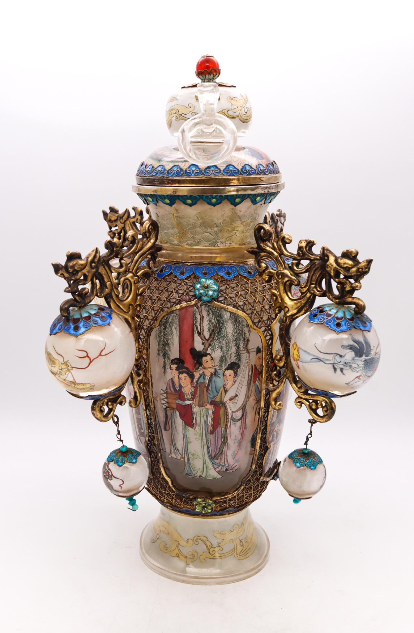 Chinese Export China Republic 1912-1960 Inside Paint Carved Rock Crystal Vase Silver & Enamel For Sale