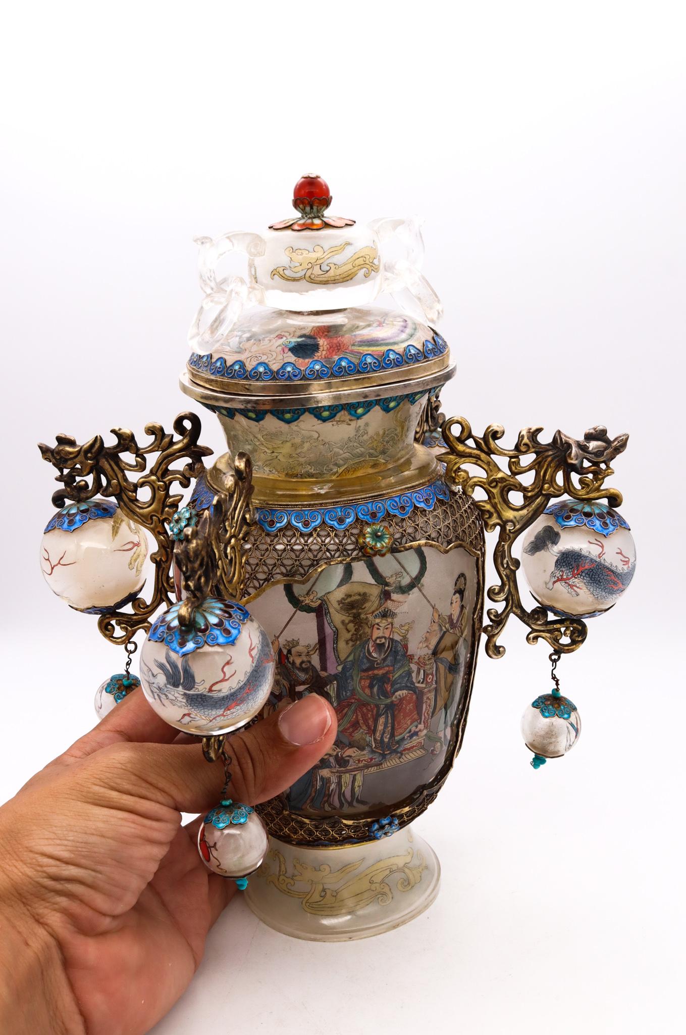 Chinese China Republic 1912-1960 Inside Paint Carved Rock Crystal Vase Silver & Enamel For Sale