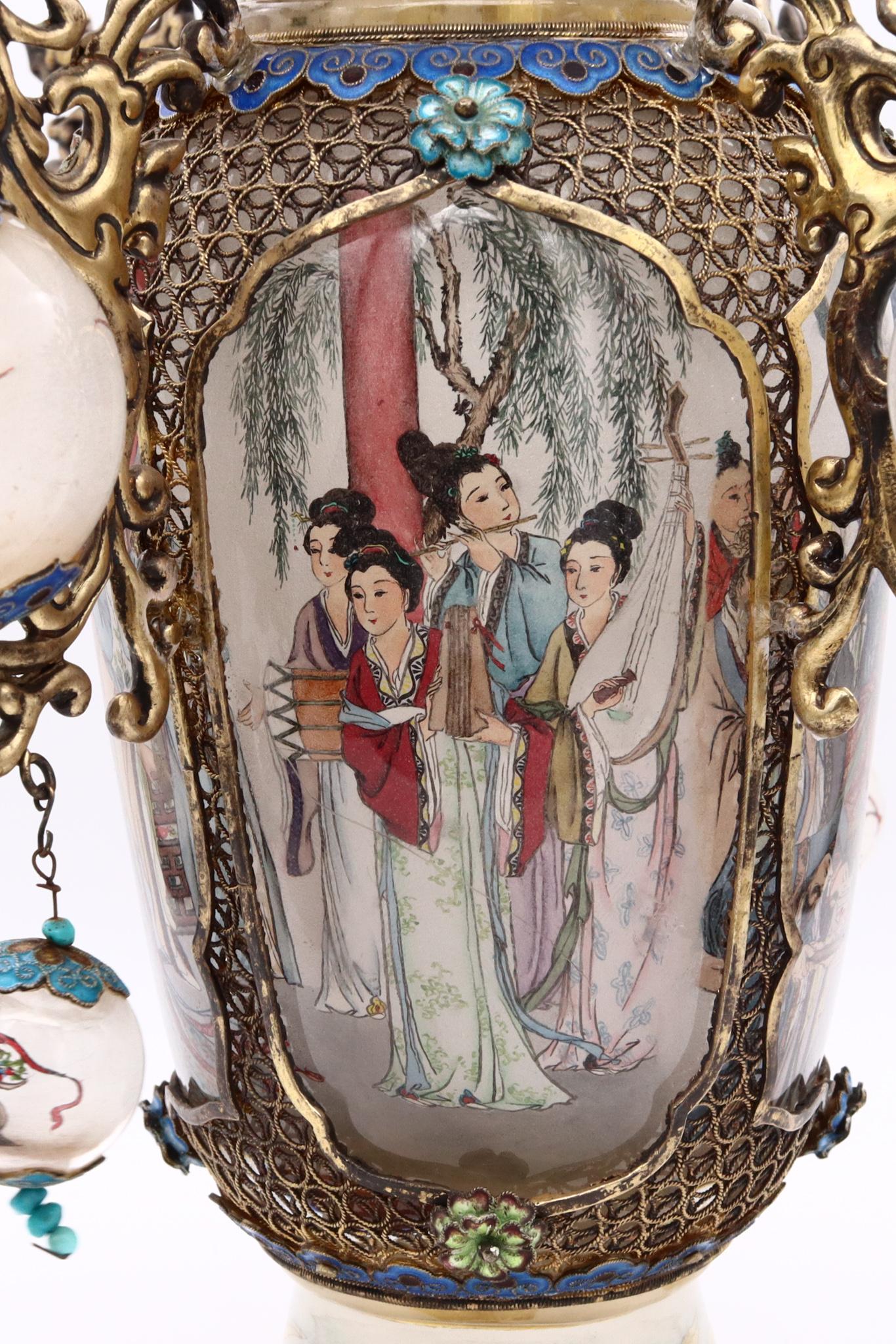 China Republic 1912-1960 Inside Paint Carved Rock Crystal Vase Silver & Enamel For Sale 1