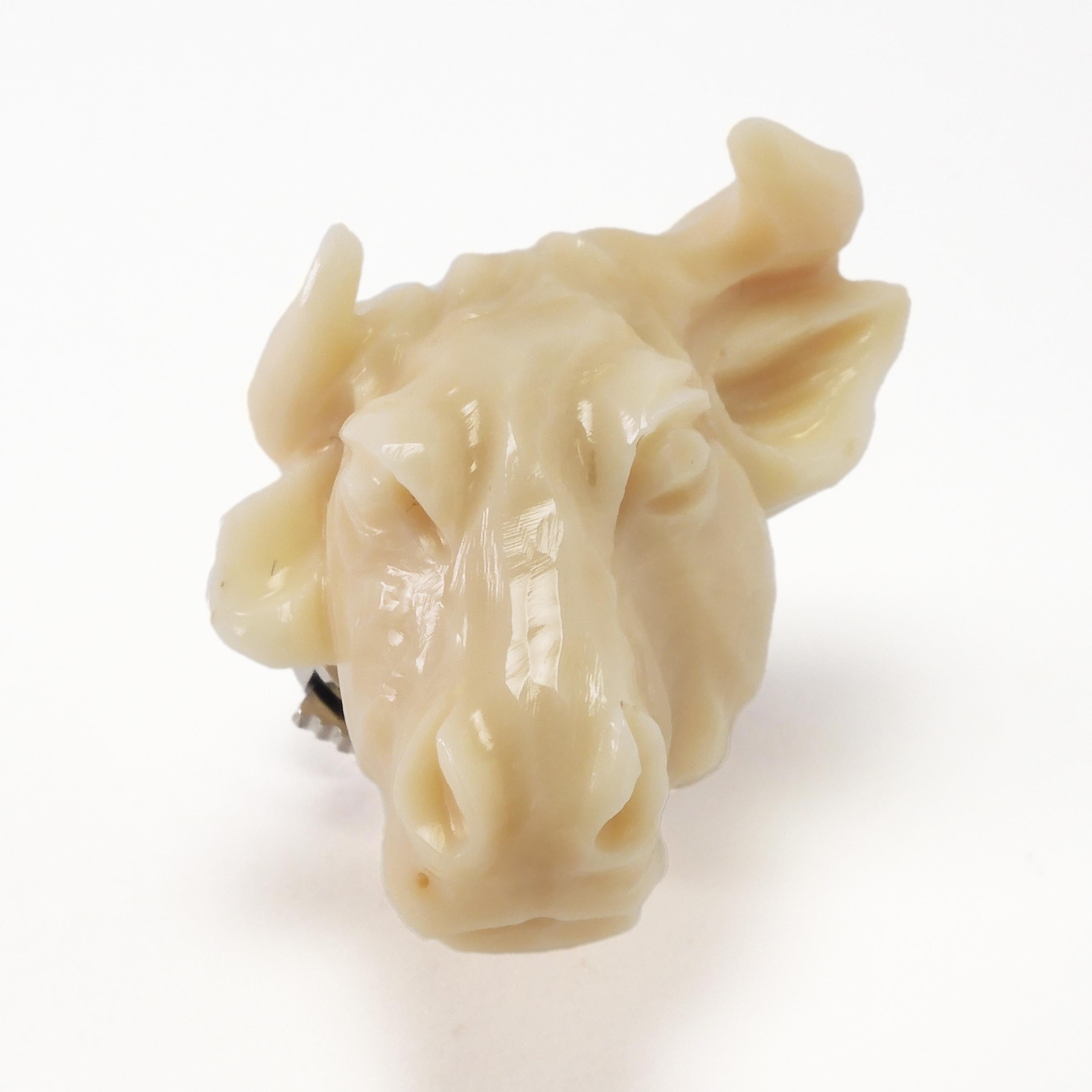 Mixed Cut China Sea Off-White Coral Bull or Cow Head Pin Brooch For Sale