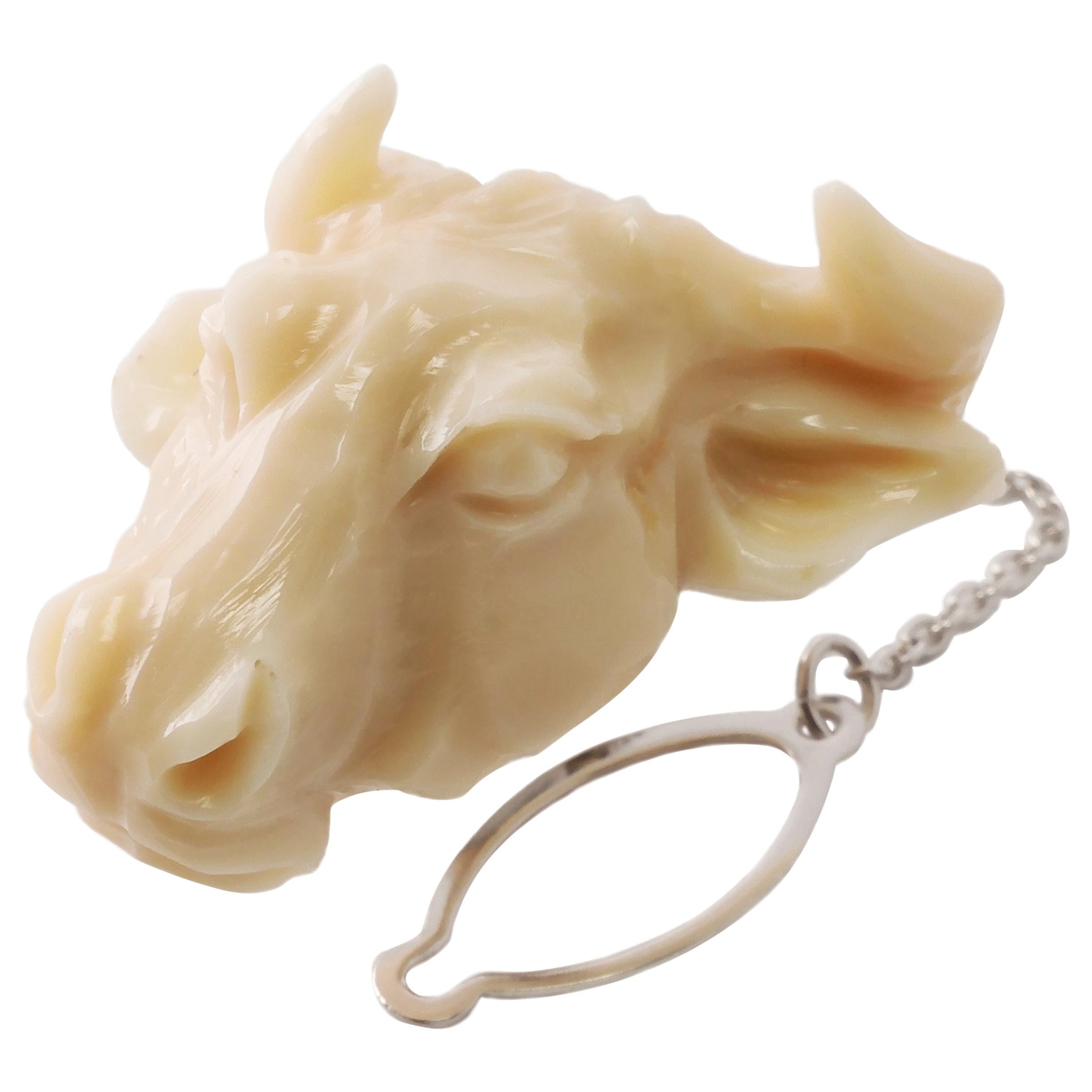 China Sea Off-White Coral Bull or Cow Head Pin Brooch For Sale