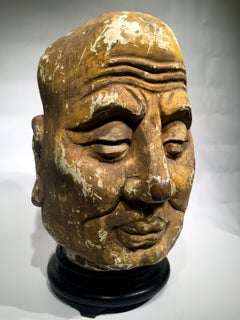 China Sec XVIII Buddha Head in Polychrome Wood