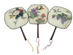 China Set of Three Silk Hand Painted Rigid Fans 'Pay-Pay', circa 1900