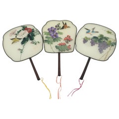 China Set of Three Silk Hand Painted Rigid Fans 'Pay-Pay', circa 1900