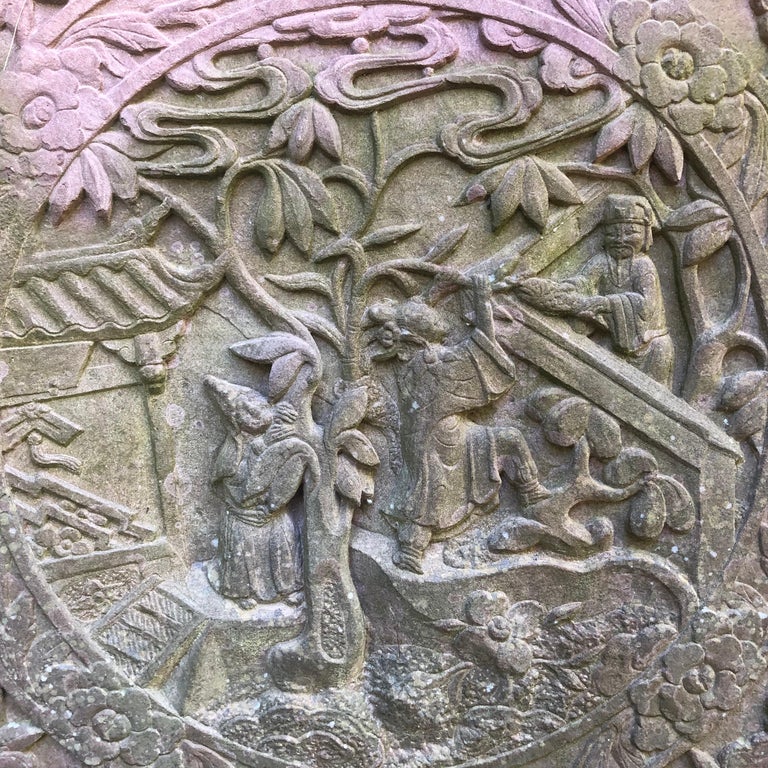 China Three Antique Red Stone Framed "Garden Celebrations" Sculpture For Sale at 1stdibs