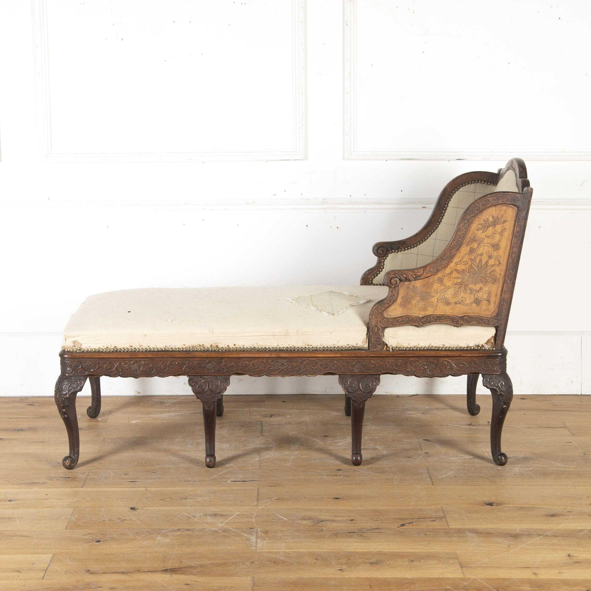 Fantastic and unusual Chinese trade chaise longue in the Louis XV style, circa 1850. 
This daybed was likely made in Canton for export to the French market. It combines numerous styles in a very rare manner. 
The whole is raised on eight cabriole