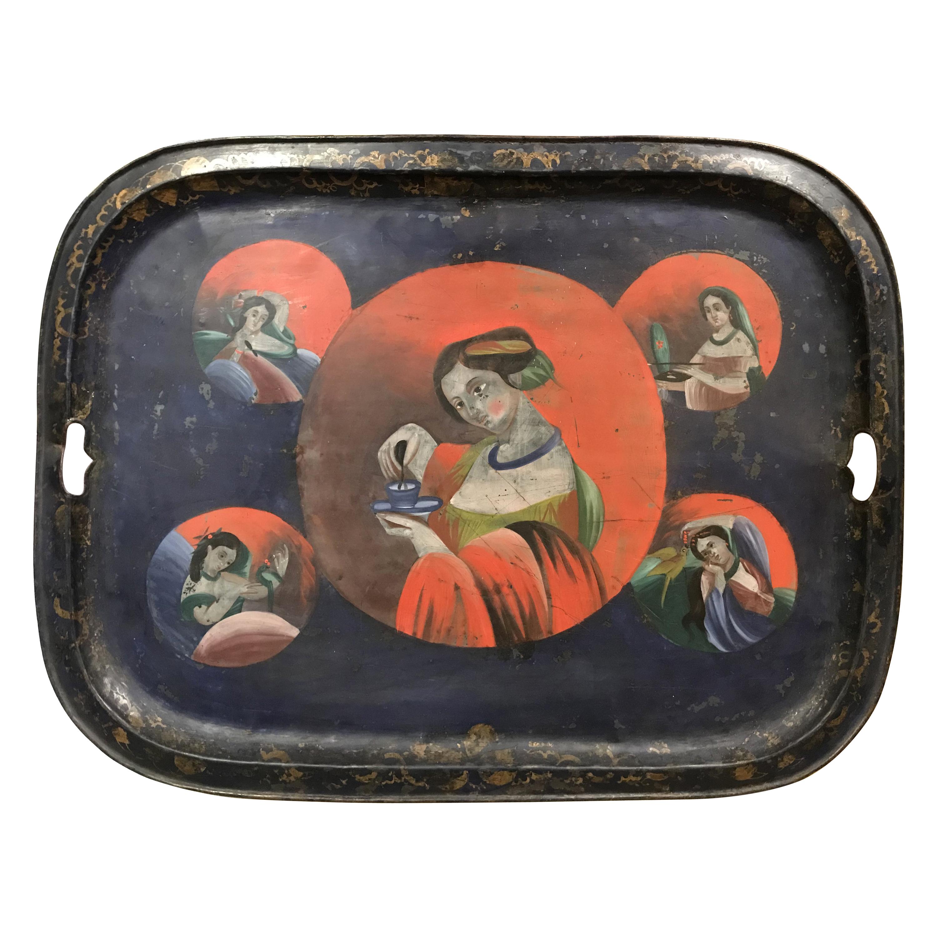 China Trade Hand Painted Tray with Female Figures circa 1820