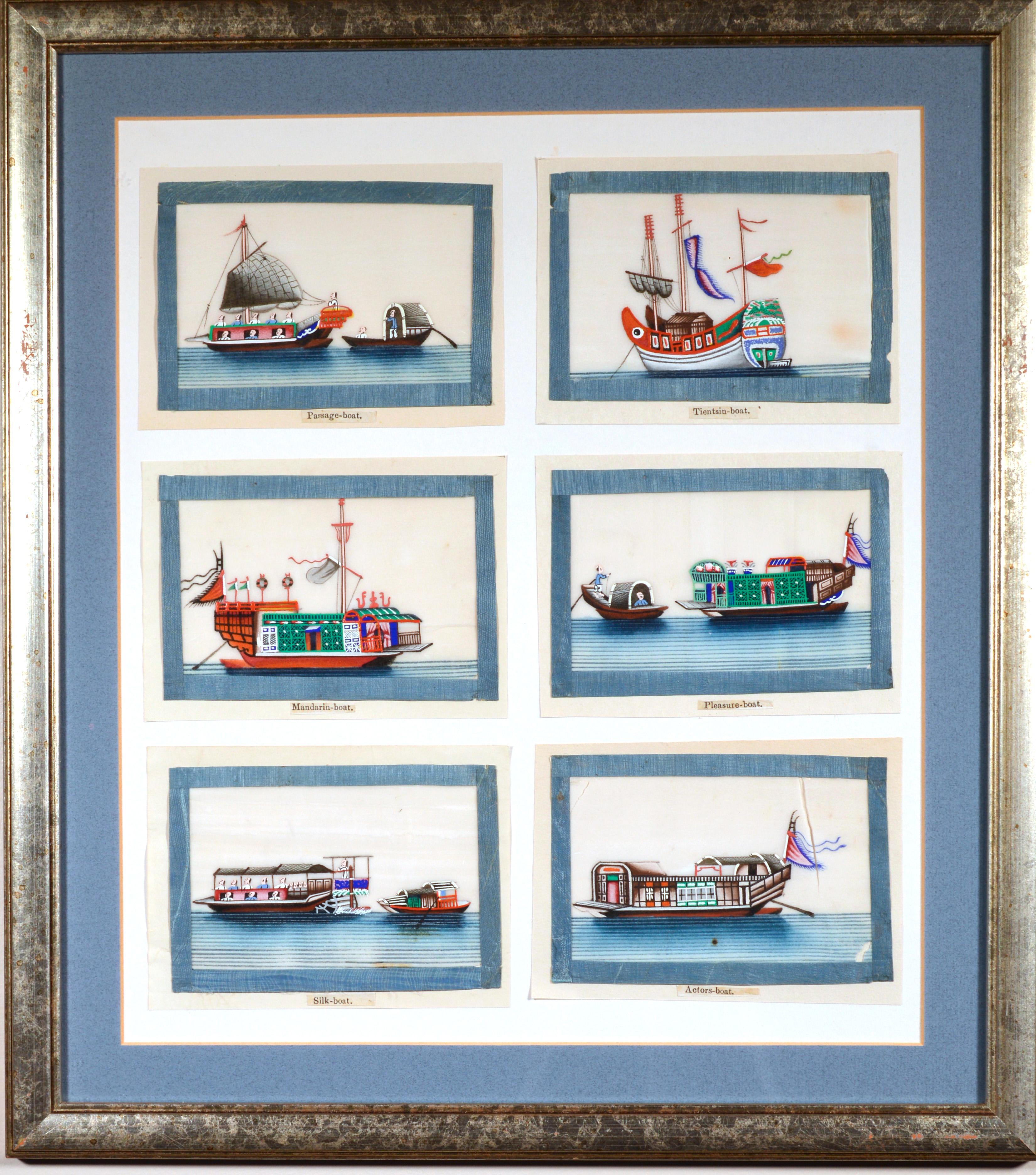 Chinese Export China Trade Miniature Watercolor Pictures of Junks and Sampans on Pith Paper