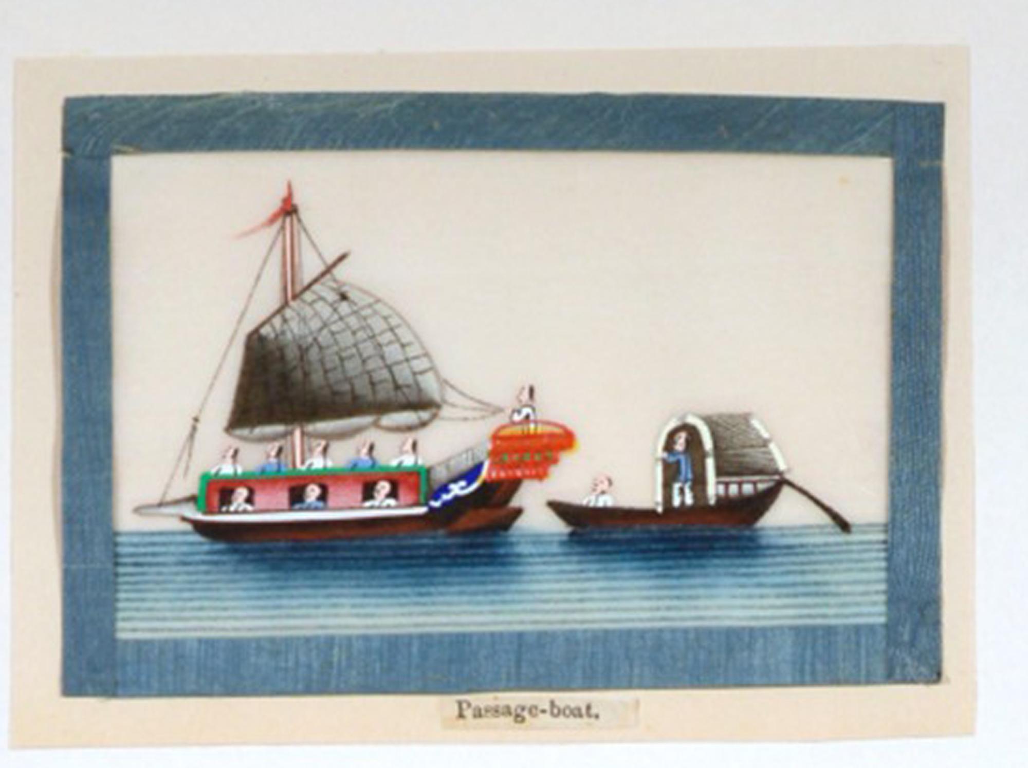 Chinese China Trade Miniature Watercolor Pictures of Junks and Sampans on Pith Paper