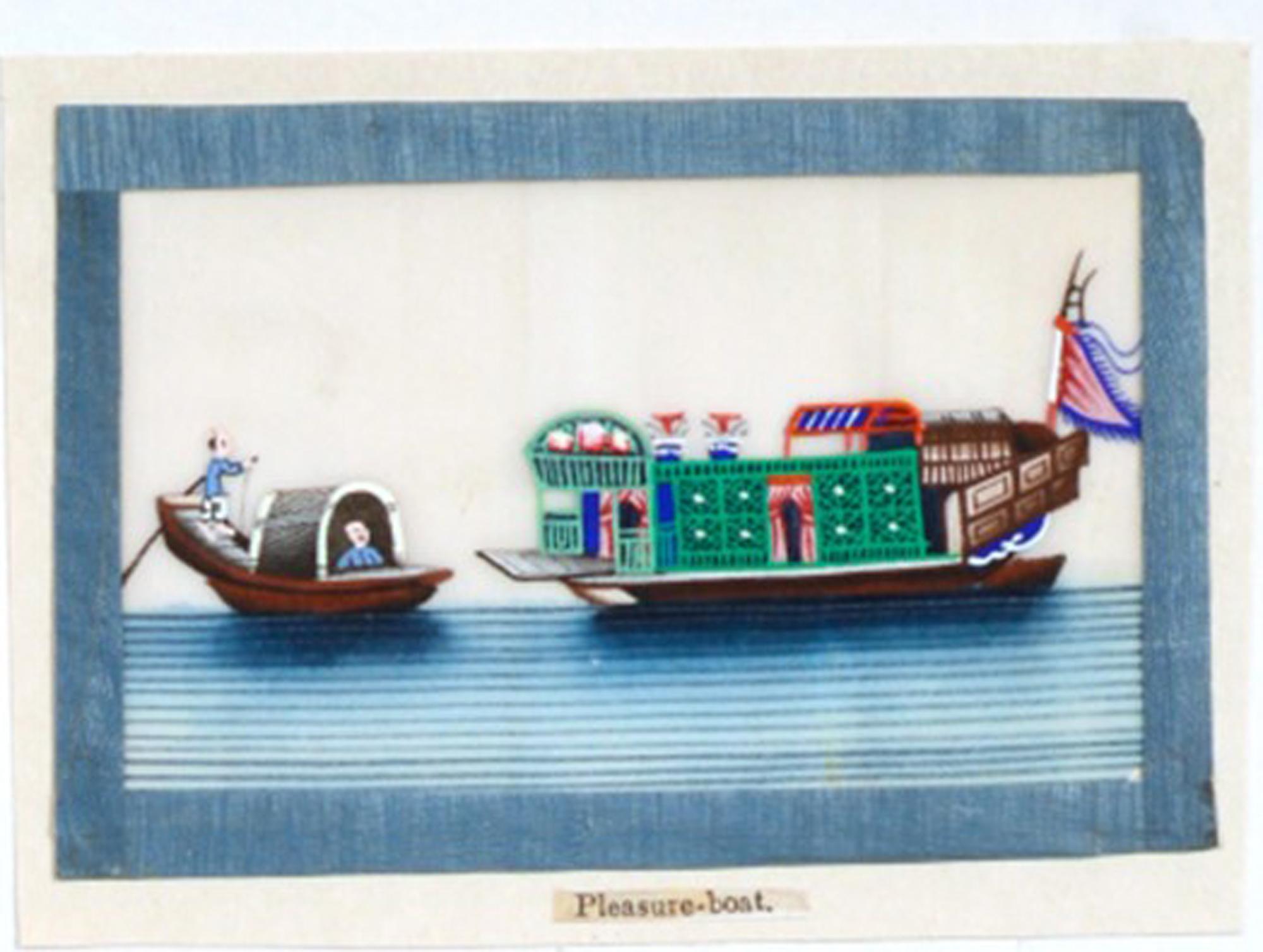 China Trade Miniature Watercolor Pictures of Junks and Sampans on Pith Paper 1