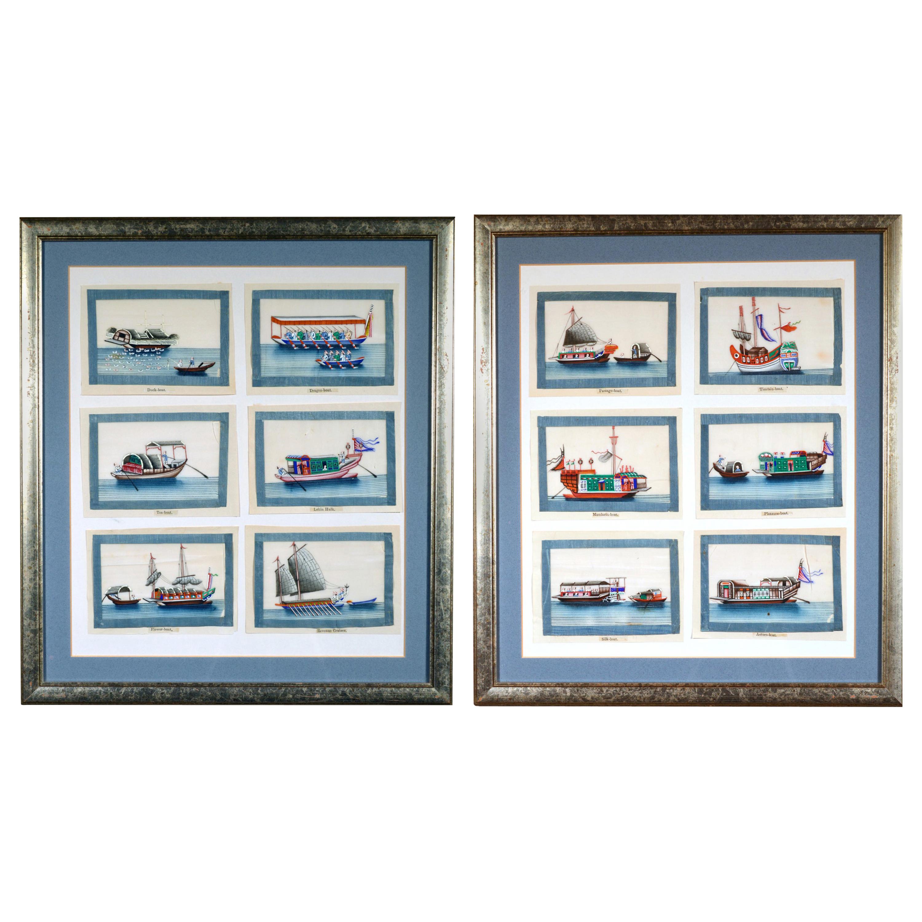 China Trade Miniature Watercolor Pictures of Junks and Sampans on Pith Paper