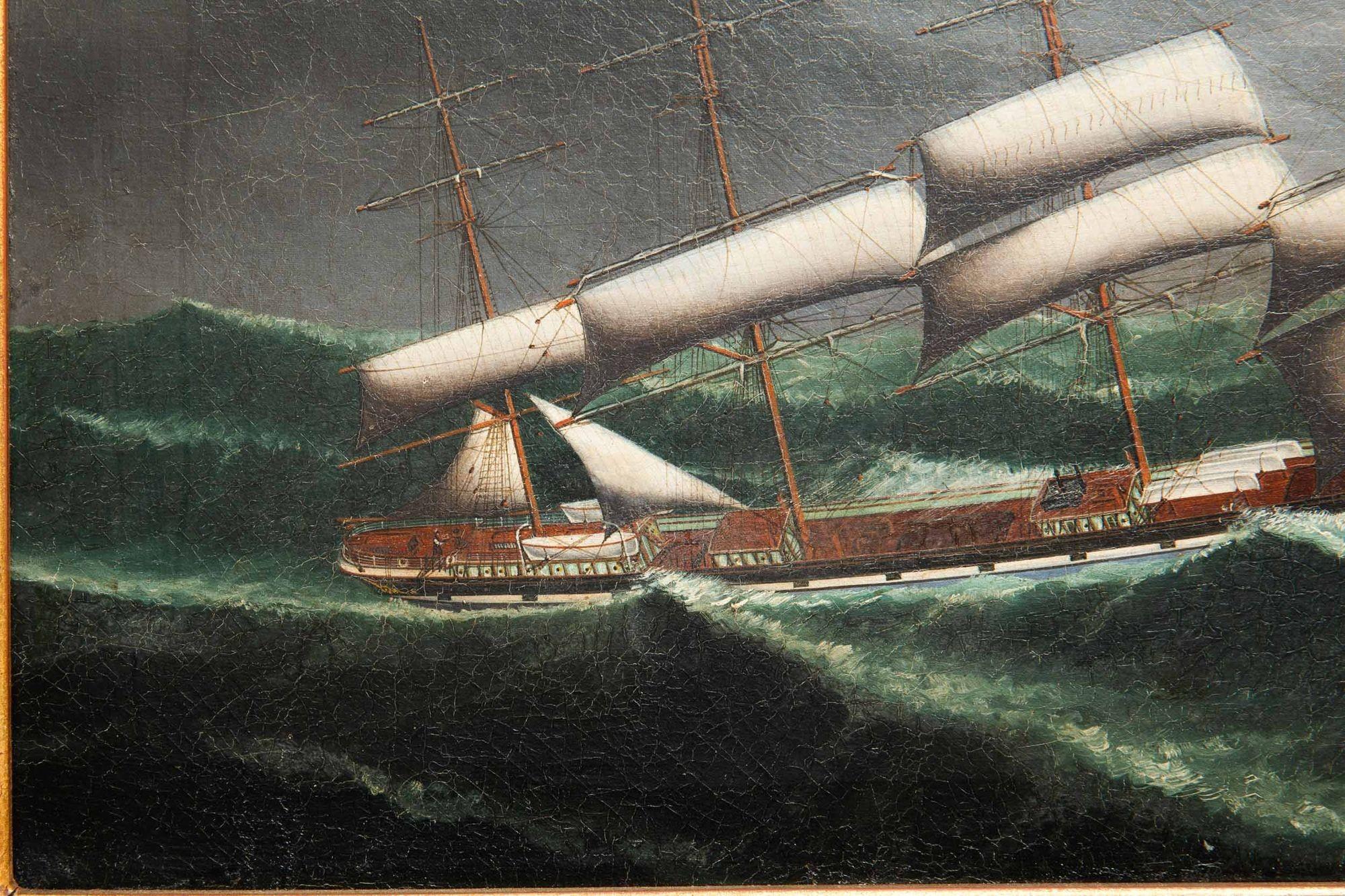 China Trade Nautical Painting of Sailing Ship by Lai Fong of Calcutta ca. 1900 In Good Condition For Sale In Shippensburg, PA