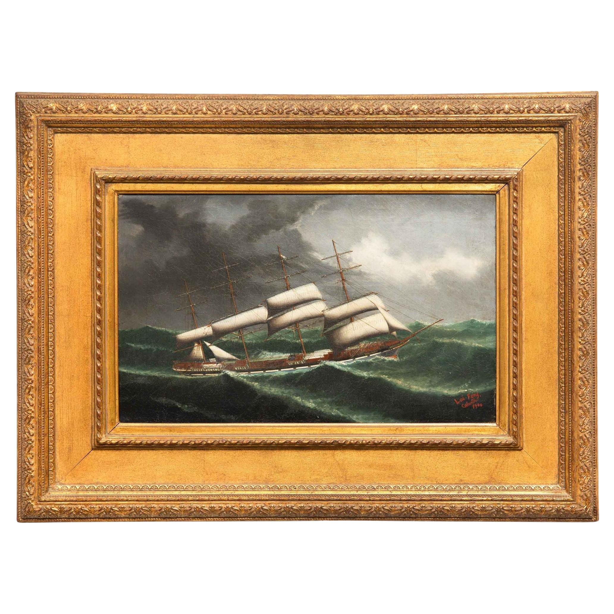 Peinture nautique d'un navire à voile par Lai Fong de Calcutta, vers 1900