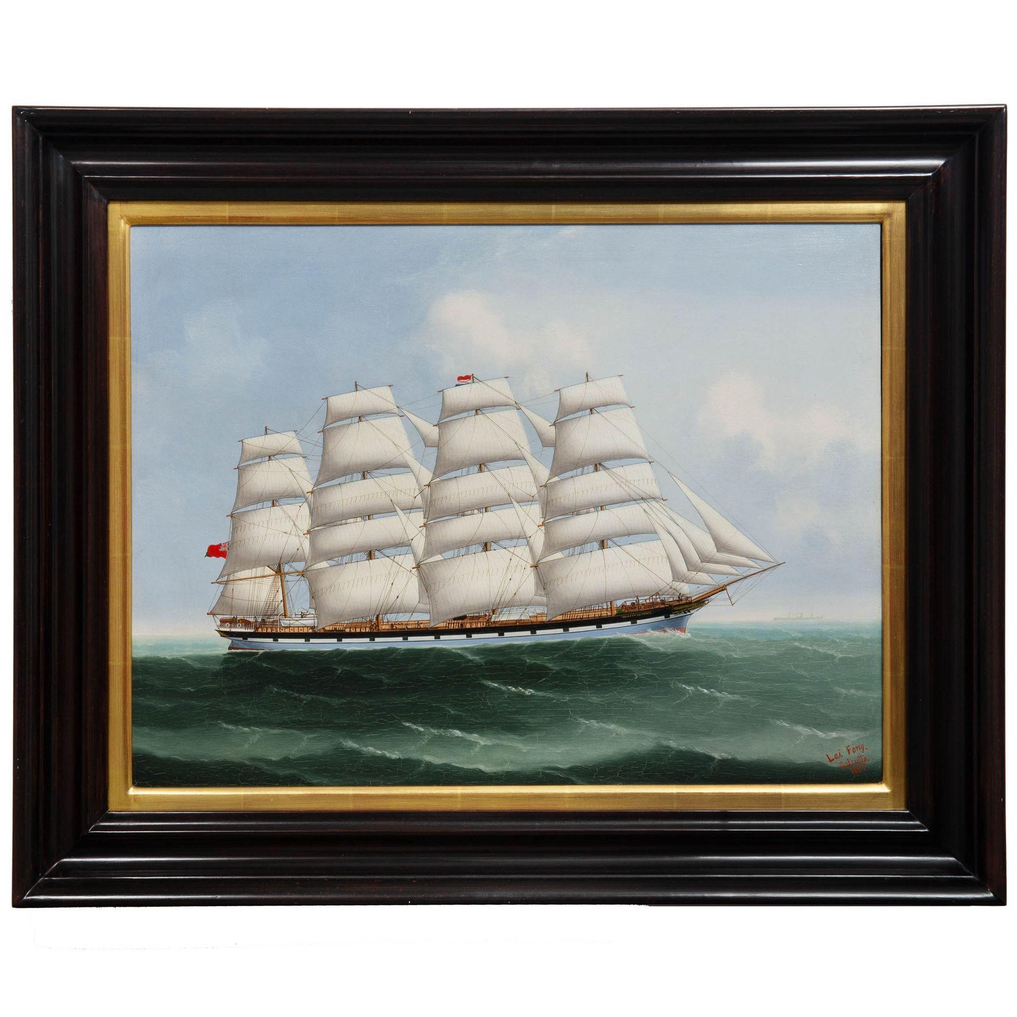 Indian China Trade Nautical Seascape of Ship “County of Caithness” (1897) by Lai Fong For Sale